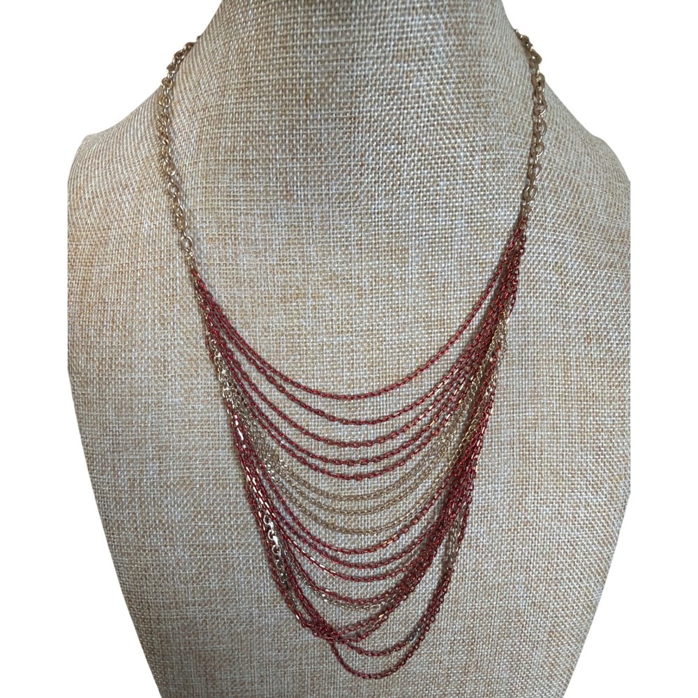 Multi Strand Bib Necklace Gold Tone Metallic Red Layered Chain Statement Tiered‎